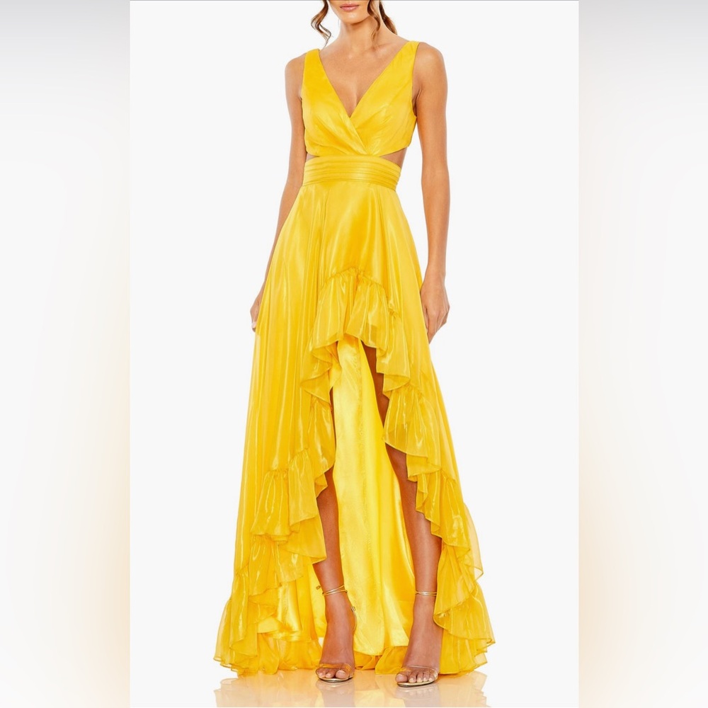 NWT Mac Duggal Sleeveless Cut Out High Low Ruffle Gown Marigold